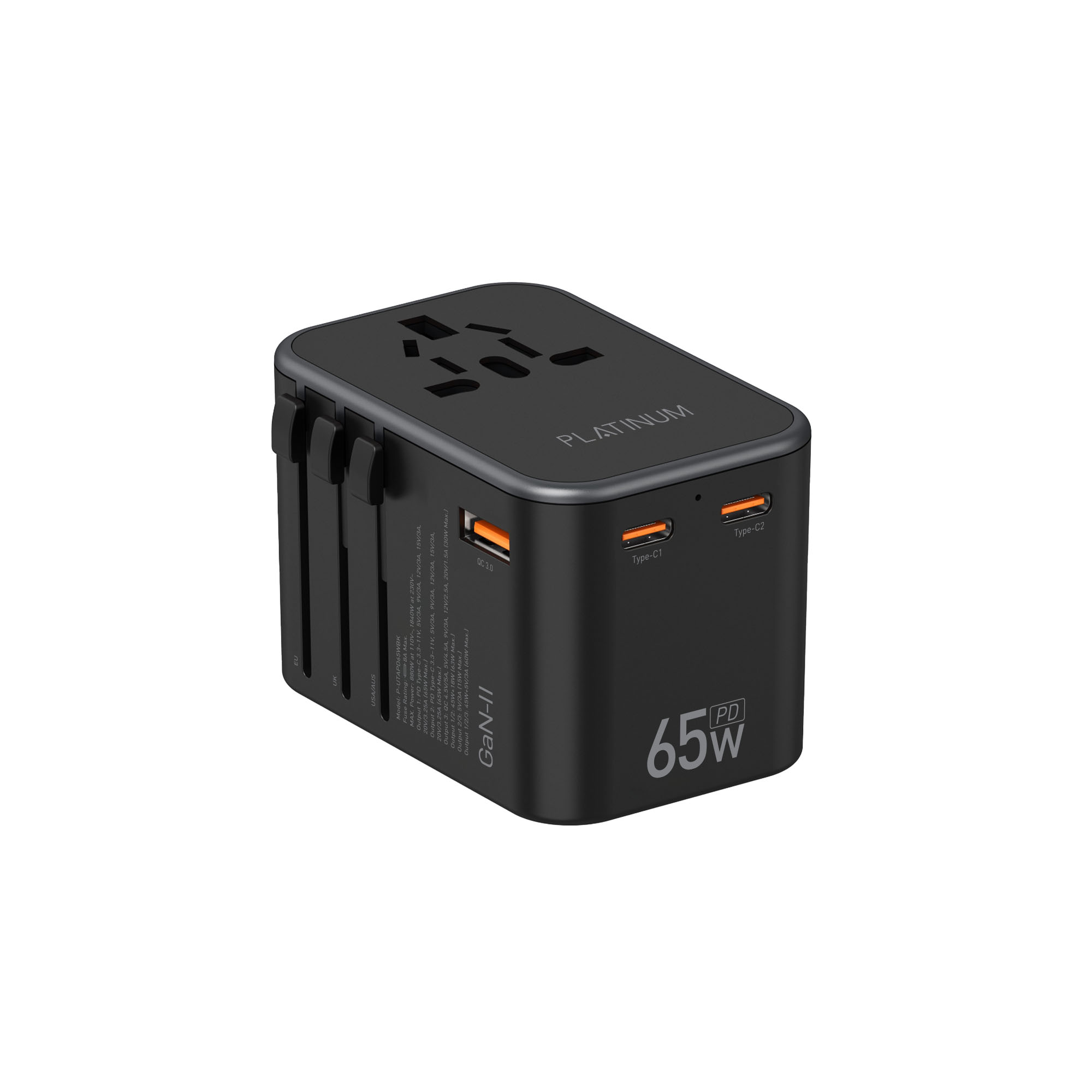 Platinum VITAL Series Universal Travel Adapter GaN 65W PDx2 + QC - Black - P-UTAPD65WBK