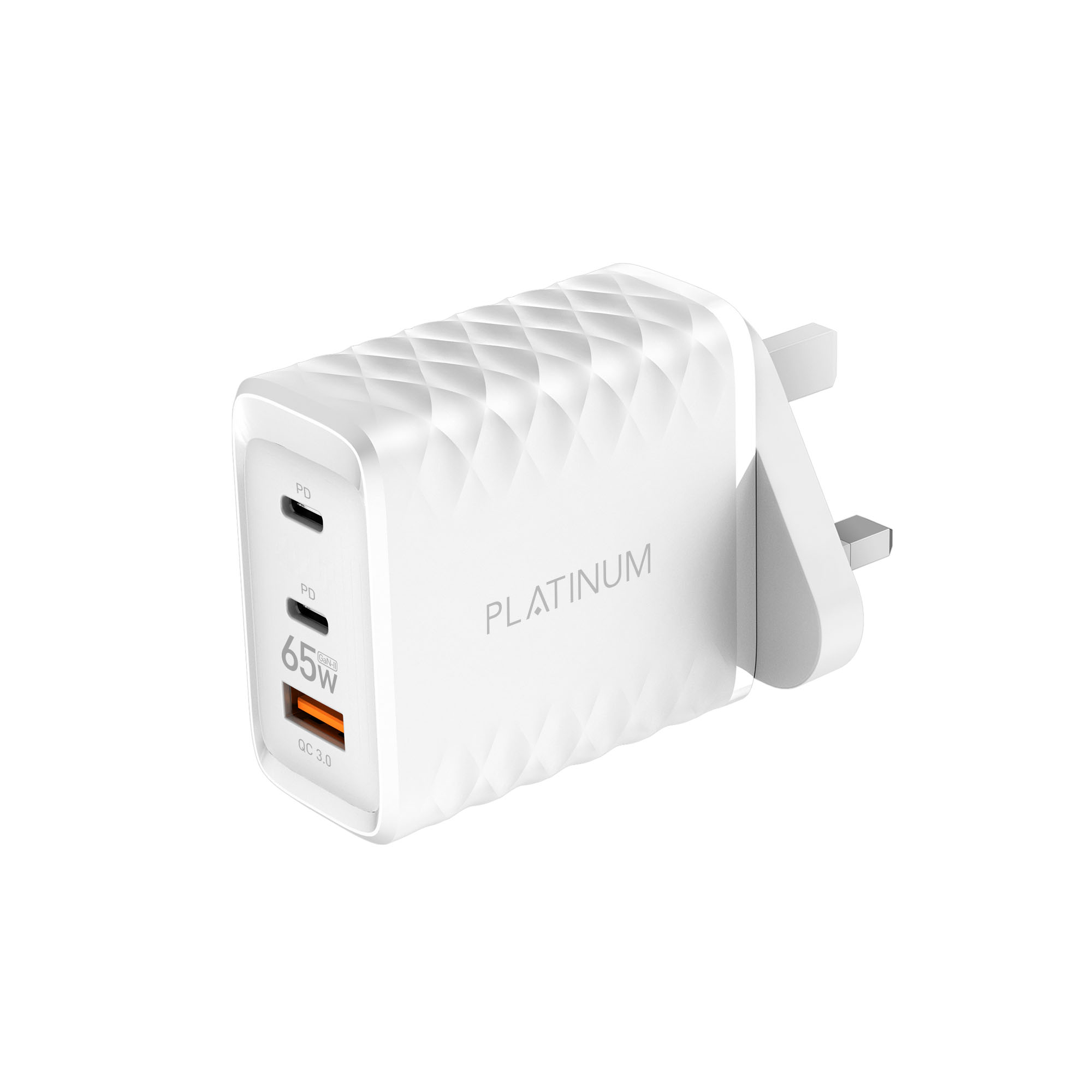 Platinum FLARE Series GaN PD 65W Wall Charger PDx2 + QC - White - P-CHRFLR65WH